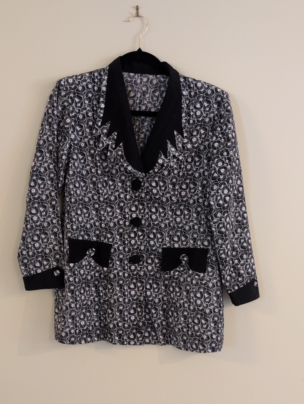 Black & White Patterned Women's Blazer with Contrast Trim